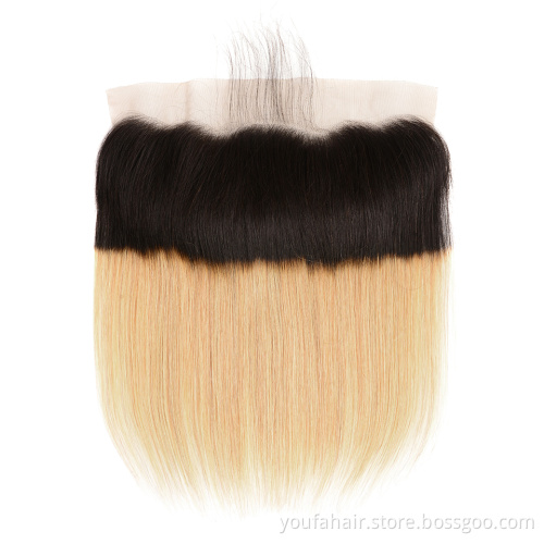 Natural Hairline Brazilian Virgin Cuticle Aligned 13x4 Straight Hair 1b 27 Blonde Ombre Color HD Lace Frontal with Baby Hair